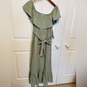 Almost Famous Sage Green Off-Shoulder Ruffle Maxi Dress